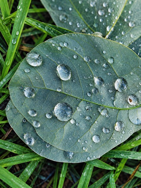A close-up photograph of delicate water droplets resting on a leaf among fresh green grass, highlighting the intricate leaf veins, natural textures and beauty of nature after rain.