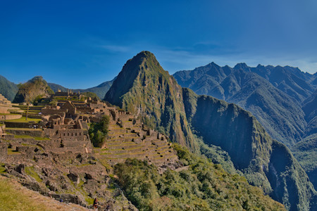 Historic Inca citadel of Machu Pichu and the towering Huayna Pichu Peak in Peru