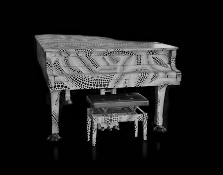 A custom-decorated Yamaha G3A grand piano and matching bench. Supervised and styled by avant-garde artist Yayoi Kusama using her signature yellow-and-black polka-dot motif. Displayed on the 45th-floor South Observation Deck of the Tokyo Metropolitan Government Building in Shinjuku, Tokyo
