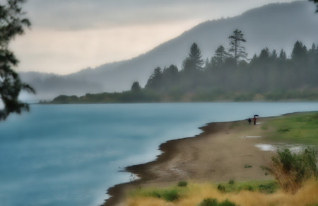 An overcast landscape during a heavy downpour